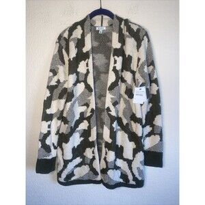 Susina Camo Open Front Long Cardigan Sweater Fuzzy Cozy Soft Army Green M New